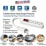 3 Outlet Power Strip Surge Protector Grounded Flat Plug 5 Short Extension Cord. Fixed Price $11.95.