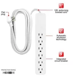 6-OUTLET Surge Protector, 840J, 10FT Braided Cord, Grounded. Flat Plug White. Fixed Price $29.99.
